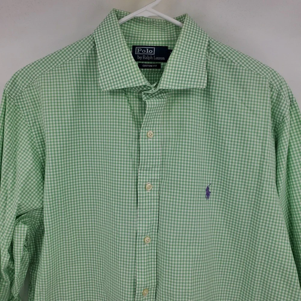 Polo Ralph Lauren Men's‎ Green Gingham Custom Fit Button Down Shirt 17.5 Preppy